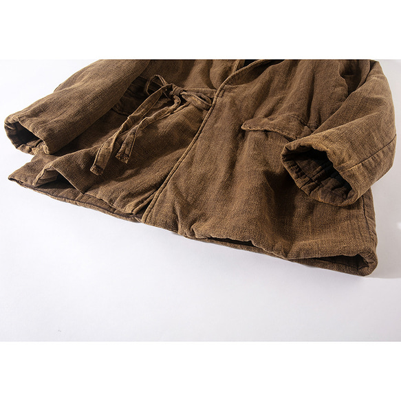 中綿ジャケット　ウエストに紐付き　暖かいジャケット　風合いありサンドウォッシュ綿麻生地ジャケット　ブラウン　L289BR 6枚目の画像