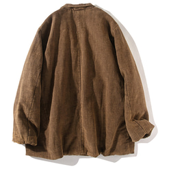中綿ジャケット　ウエストに紐付き　暖かいジャケット　風合いありサンドウォッシュ綿麻生地ジャケット　ブラウン　L289BR 2枚目の画像