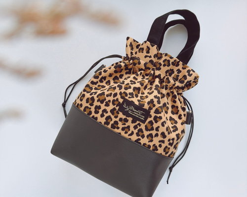 レオパード ヒョウ柄 バック 巾着 ショルダー レザー 黒 長財布 プチ