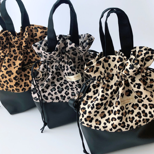 レオパード ヒョウ柄 ショルダー レザー 巾着バック 巾着 黒 長