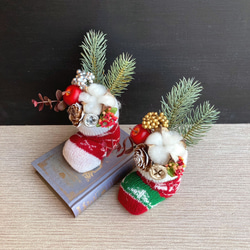 数量限定／新作【クリスマス】もみの木とコットンのクリスマスソックス　クリスマスアレンジ・置物・飾り・サンタブーツ 1枚目の画像
