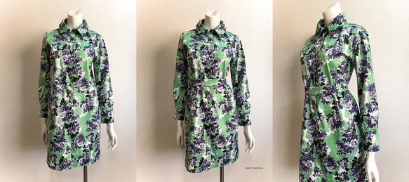 【1点もの・デザイン画付き】綿プリントストレッチジャガード生地シャツ型ワンピース（KOJI TOYODA） 4枚目の画像