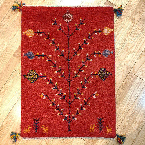 ペルシャ ギャッベ 玄関マット 88×63 茜色 ザクロの木 実