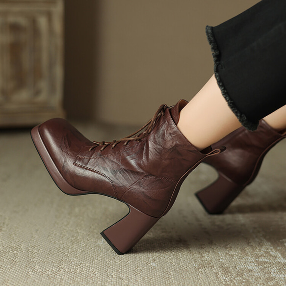 秋冬女式真皮鞋鞋舒適短靴高跟加毛內裡OK22cm~24.5cm#876⭐免運費⭐ 第3張的照片