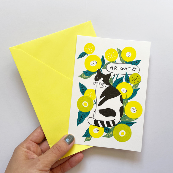 ARIGATOカード 封筒set -お花とハチワレ猫- 5枚目の画像