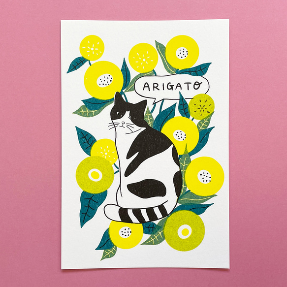 ARIGATOカード 封筒set -お花とハチワレ猫- 2枚目の画像