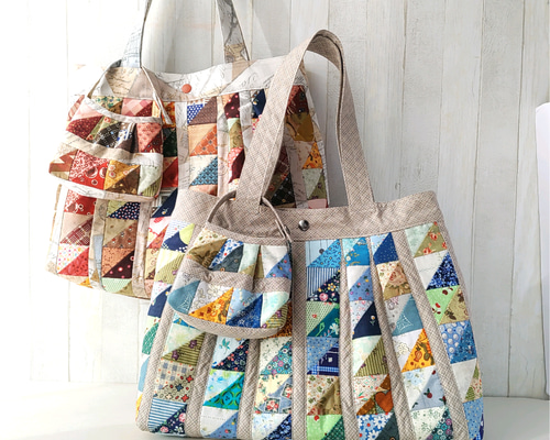 新・ふっくらレトロな三角形パッチワークのトートバッグ(ミニポーチ