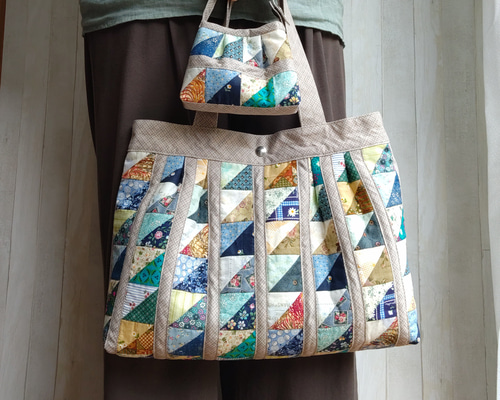 「 風見鶏の見える街 」トートバッグ パッチワーク ハンドメイド テシゴト 風見鶏の見える街 」トートバッグ パッチワーク ハンドメイド