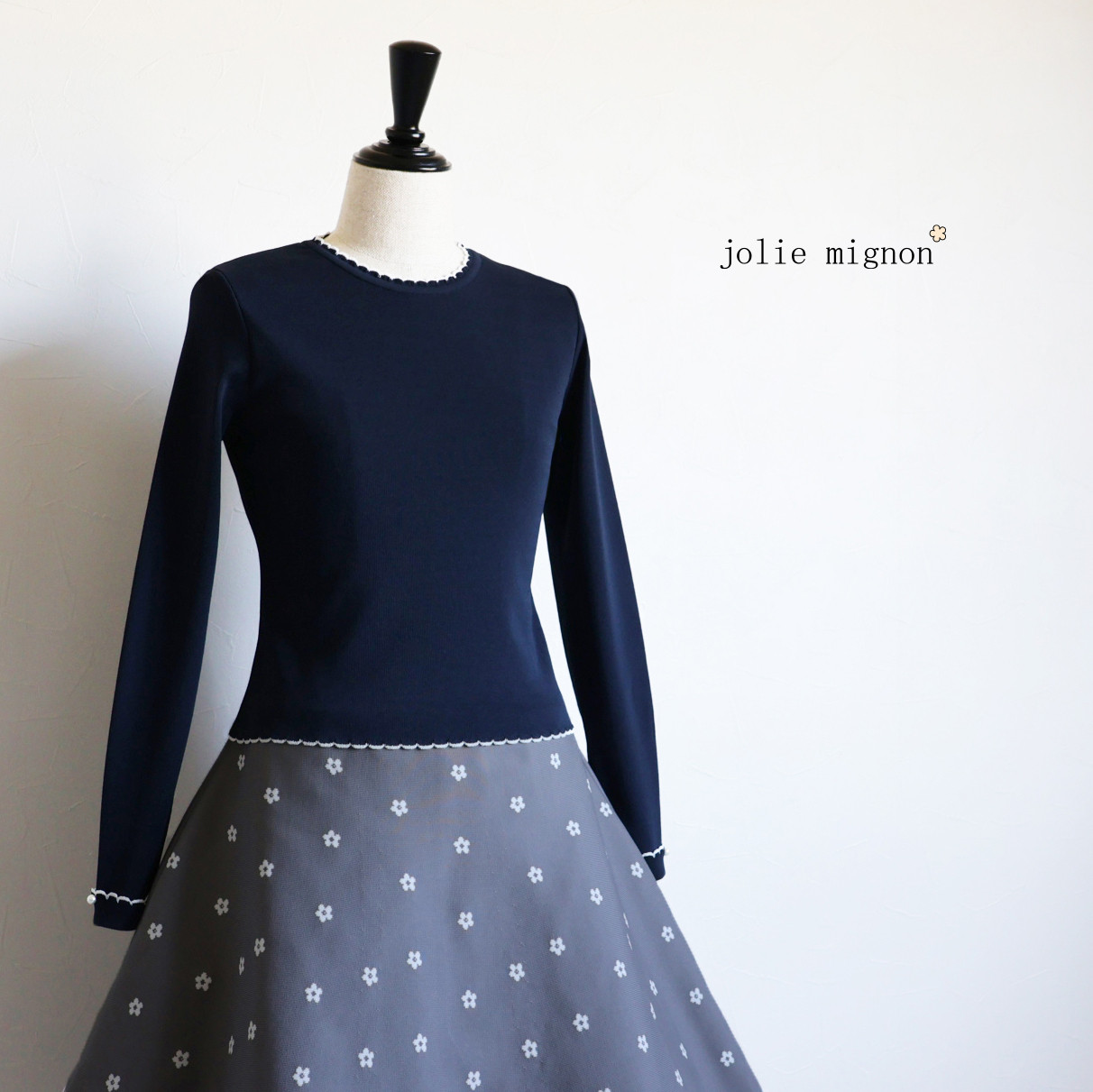 バイカラースカラップ 長袖ストレッチプルオーバー【ネイビー×ホワイト】