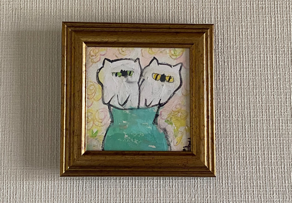 絵画。原画手描【きれいなグラスの中にいる2匹のかわいい猫