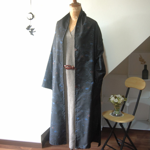 着物リメイク　7マルキ大島紬　ショールカラーロングコートワンピース　L〜XXL 着物リメイク 7マルキ大島紬 ショールカラーロングジレ ワンピース L