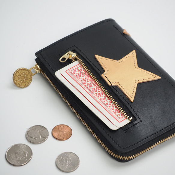 Ｌ字ファスナー ミドル財布（星パッチワーク / ブラック） 薄型 牛革 5枚目の画像