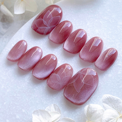 ピンク マグネット 水彩 たらしこみ フラワー ネイル チップ ⧉サイズ
