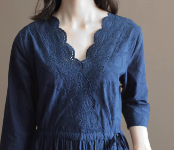 New秋色 Vワンピースロングスカート、100％綿 .ウエストドレス　ｓ-XL　紺色 9枚目の画像