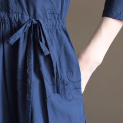 New秋色 Vワンピースロングスカート、100％綿 .ウエストドレス　ｓ-XL　紺色 11枚目の画像