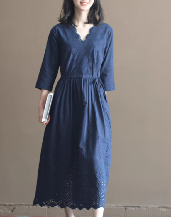 New秋色 Vワンピースロングスカート、100％綿 .ウエストドレス　ｓ-XL　紺色 2枚目の画像