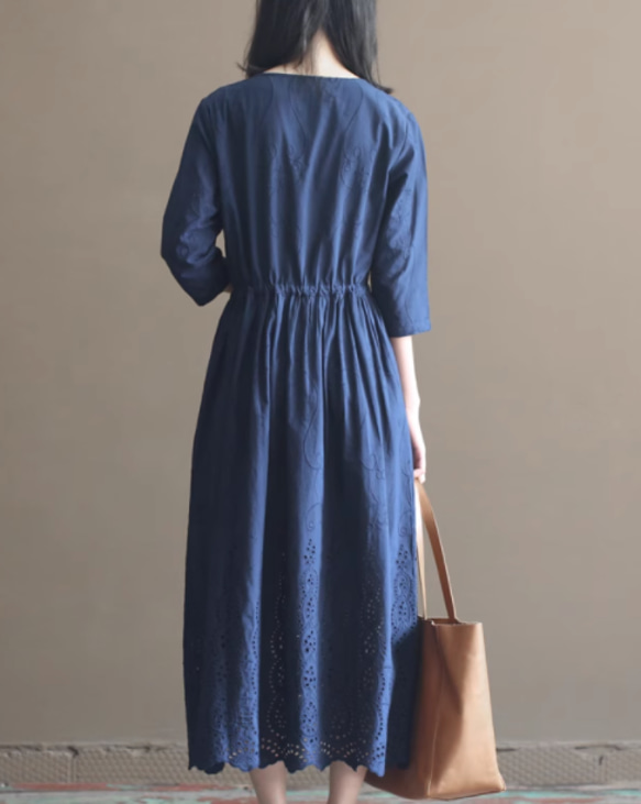 New秋色 Vワンピースロングスカート、100％綿 .ウエストドレス　ｓ-XL　紺色 7枚目の画像