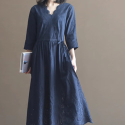 New秋色 Vワンピースロングスカート、100％綿 .ウエストドレス　ｓ-XL　紺色 5枚目の画像