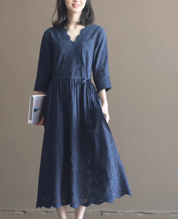 New秋色 Vワンピースロングスカート、100％綿 .ウエストドレス　ｓ-XL　紺色 5枚目の画像
