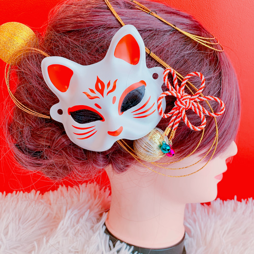 再入荷☆人気☆きつね☆ミニお面☆お祭り髪飾り☆結婚式髪飾り☆成人式