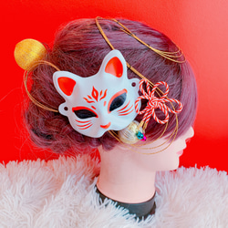 お狐の頭飾りと巾着セット 再入荷☆人気☆きつね☆ミニお面☆お祭り髪飾り☆結婚式髪飾り☆成人式