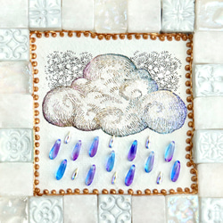 ミニ原画【一点物】「光が当たれば」ペン画×空と雲の壁掛けインテリアアート　ビーズ　モザイクタイル　絵画 2枚目の画像