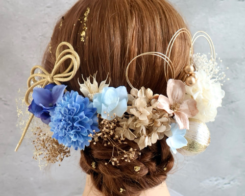 ホワイトゴールド髪飾り♡お花髪飾り全てset♡金箔シート付 ブルー 水色 ホワイト ゴールド 成人式振袖髪飾り 卒業式 袴