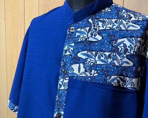 手作りのポリエステル反物メンズかりゆしウェアＬサイズ紺の縞柄 bea8feed5f13de39b134cda5b736fc