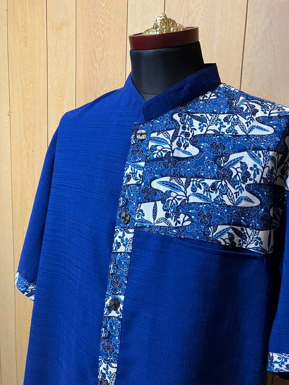 手作りのポリエステル生地マオカラー　メンズかりゆしウェアＬサイズ 燕に牡丹 L/S（マオカラー） | かりゆしウェア（沖縄版アロハ