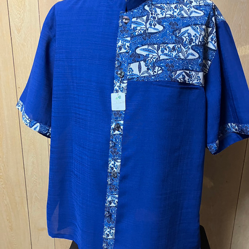 和柄プリント ネイビーマオカラー かりゆしウェア メンズ4L