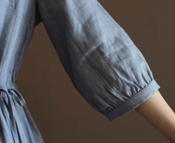 New秋色 100％リネンワンピース .スカート　ウエストドレス　ｍ-XL　ブルー 15枚目の画像