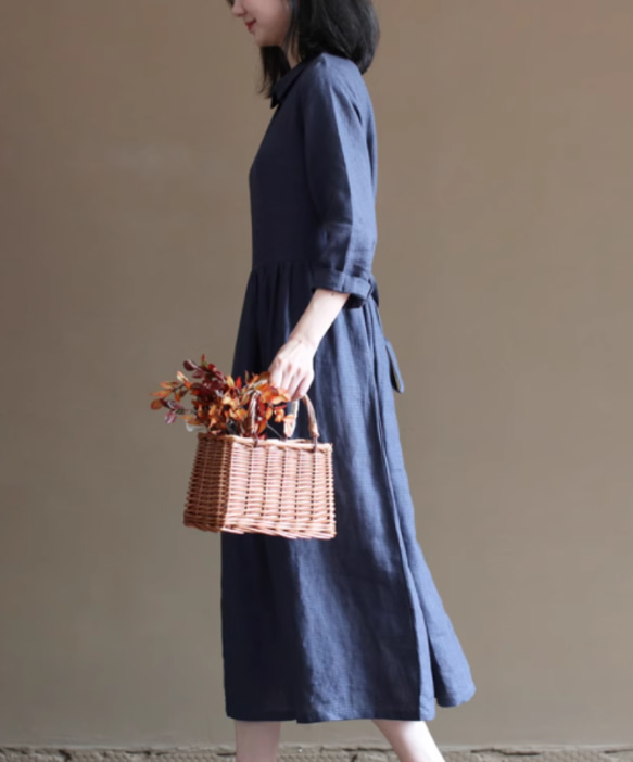 New秋色 リネン100％ワンピース .スカート　ウエストドレス　ｓ-ｘｌ　ブルー 6枚目の画像