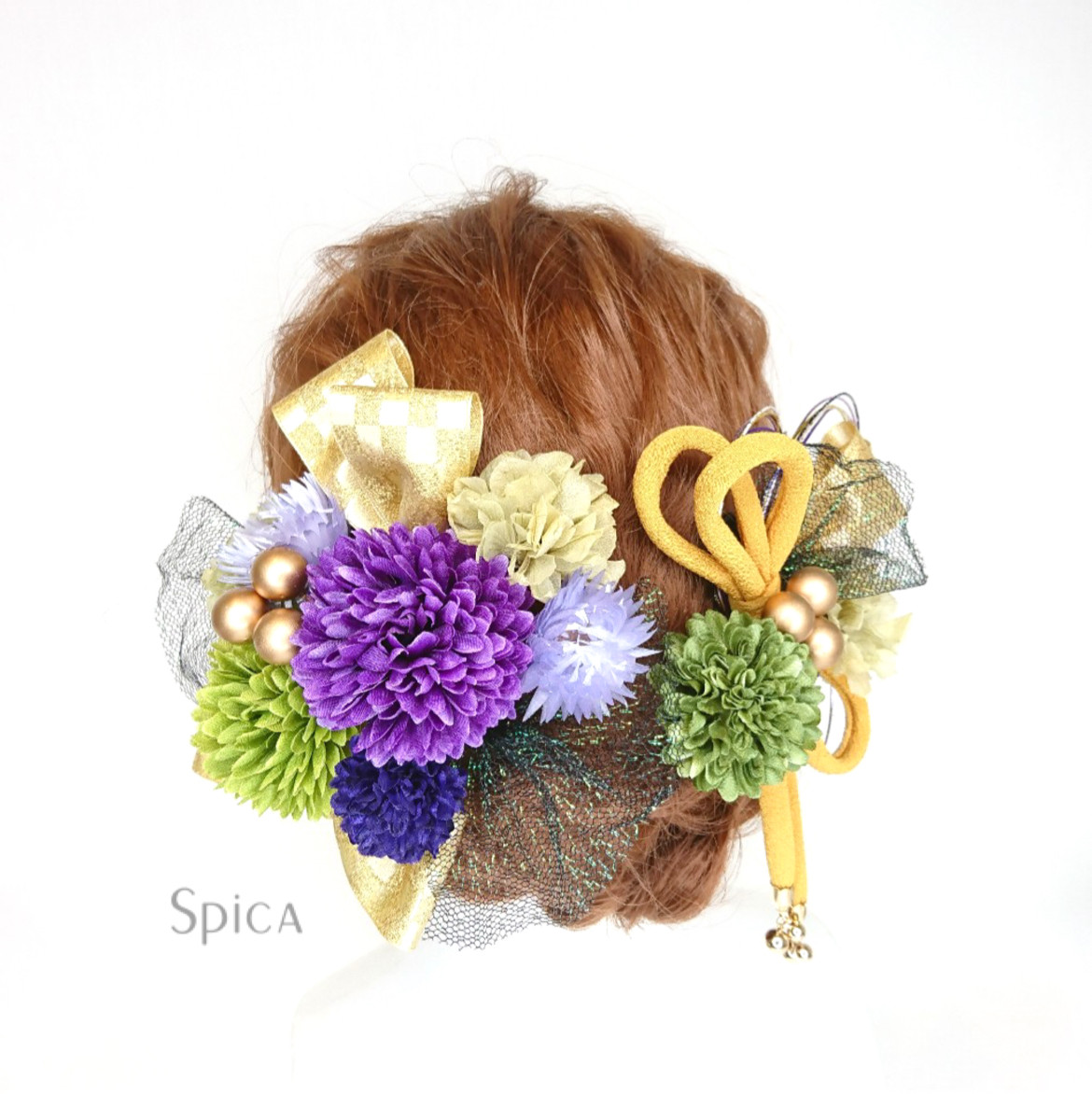 【一点限定】マムとちりめん紐とプリザ紫陽花のヘッドドレス かんざし 成人式 卒業式 和装 紐 紫 グリーン パープル