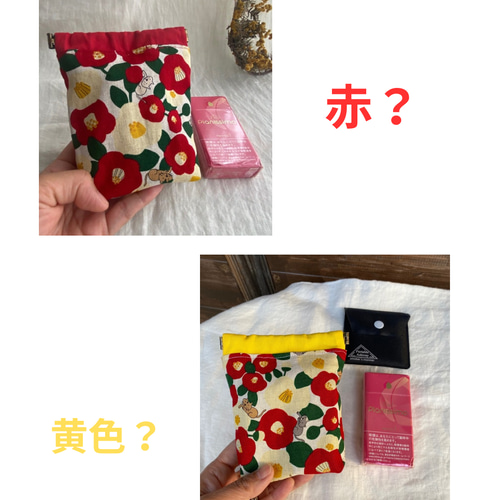 受注製作】角型 椿ネコちゃん 12cmバネポーチ コンパクトポーチ タバコ  