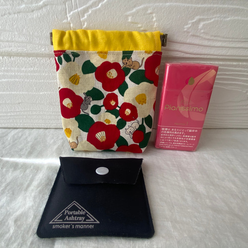 昭和レトロ看板BOX ポーチ 赤黒★iQOSケース・タバコケース 受注製作】椿ネコちゃん 携帯灰皿も入る 12cmバネポーチ コンパクト