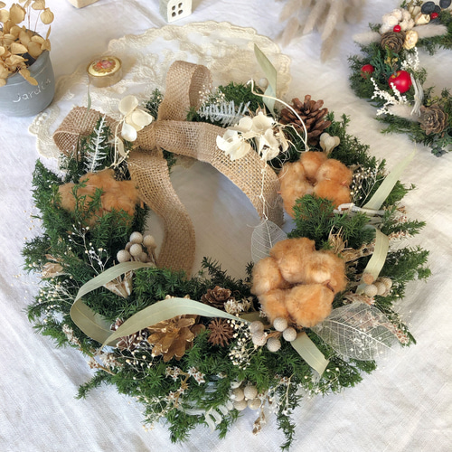 1点もの森のナチュラルクリスマスリース 針葉樹 コットンフラワー