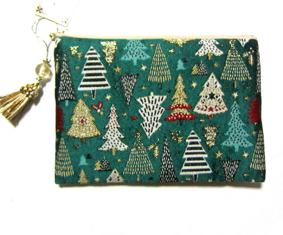再販クリスマス202５　フランス生地　もみの木 ポーチ　Lサイズ　通帳入れ　コスメ入れ　デバイス入れ　 1枚目の画像