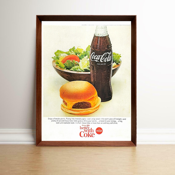 コカ・コーラ ハンバーガー 1960年代 アメリカ ヴィンテージ 雑誌 広告 額付 ポスター 1枚目の画像