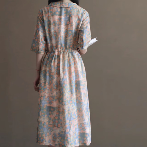 New秋色 ラミー麻ワンピース .スカート ウエストドレス ワンピース M