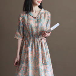 New秋色 ラミー麻ワンピース .スカート ウエストドレス ワンピース M