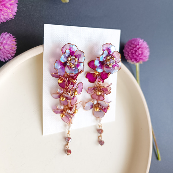 満開の山茶花 ・紫の花 ピアス（サージカルステンレス316L） イヤリング ウェディング 和装 6枚目の画像