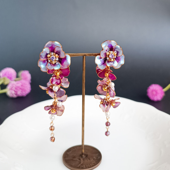 満開の山茶花 ・紫の花 ピアス（サージカルステンレス316L） イヤリング ウェディング 和装 3枚目の画像
