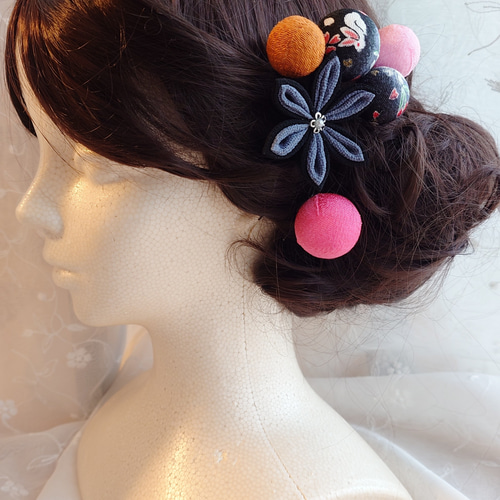 つまみ細工　髪飾り　椿　大 つまみ細工 大椿 髪飾りセット 黒 成人式 和装 着物 卒業式 かんざし