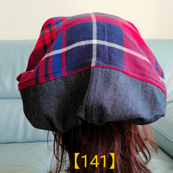 【141】医療帽子　ケア帽子　バンダナキャップ〈赤タータンチェック&デニム〉#新作 3枚目の画像
