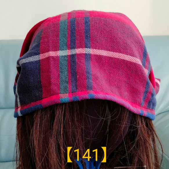 【141】医療帽子　ケア帽子　バンダナキャップ〈赤タータンチェック&デニム〉#新作 2枚目の画像