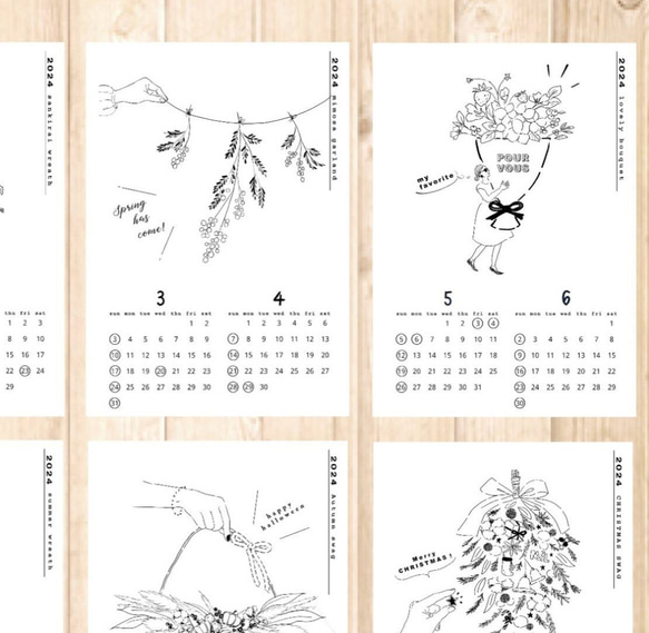 2024 Calendar | LIVING  with  FLOWERS  | A5サイズ | シンプル | モノクロ 8枚目の画像