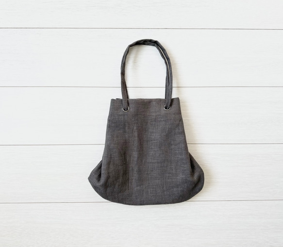 【再々入荷】グレー！★2wayざっくりリネンくったり巾着バック　麻　チャコール 2枚目の画像