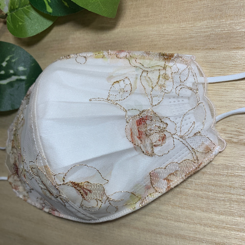 不織布マスクカバーラメ入り薔薇柄チュールレースパールモチーフ