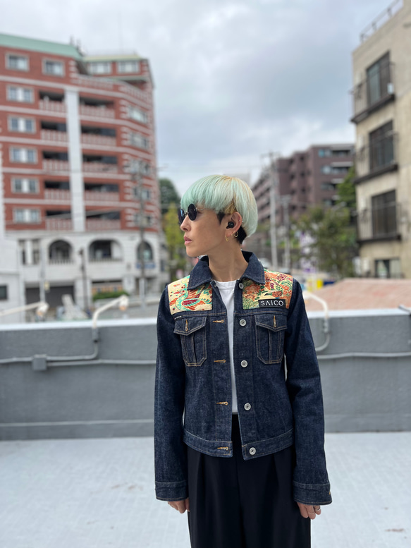 極楽鳥花デニムJK USED DKNYJEANS 着物リメイク 帯パッチワーク 極楽鳥花デニムJK USED DKNYJEANS 着物リメイク 帯パッチワーク