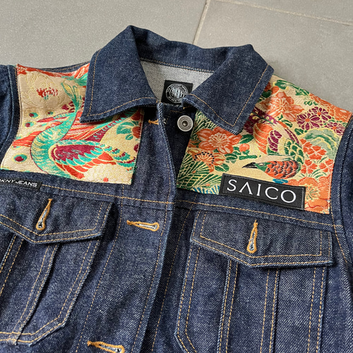 極楽鳥花デニムJK USED DKNYJEANS 着物リメイク 帯パッチワーク 極楽鳥花デニムJK USED DKNYJEANS 着物リメイク 帯パッチワーク